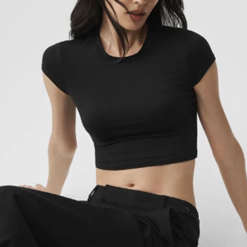 Alo Yoga Black Alosoft Crop Finesse Short Sleeve Tee Size S - Picture 1 of 8